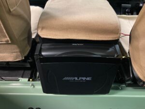 Land Rover Defender 2016 model upgraded with Alpine UTE-200BT stereo and SWE-1200 amplified subwoofer.