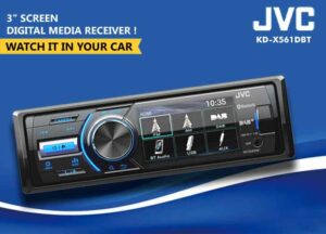 JVC KD-X561DBT 3” monitor single DIN car audio system with rear camera input.